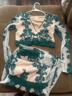 Altar'd State Arissa Teal Embroidered Sheer Blouse and skirt